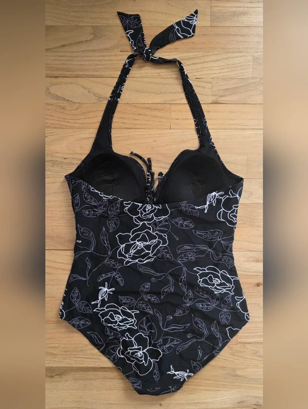 Black Floral One-Piece Swimsuit with Matching Sarong